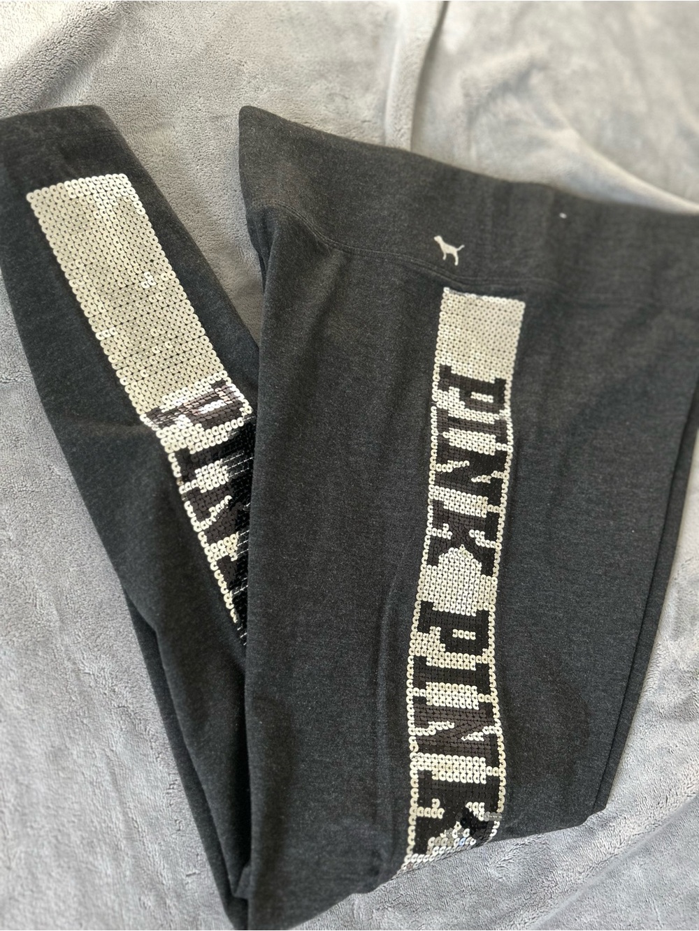 PINK Victoria's Secret Black Leggings with Silver Sequin Logo Panels - Picture 2 of 5